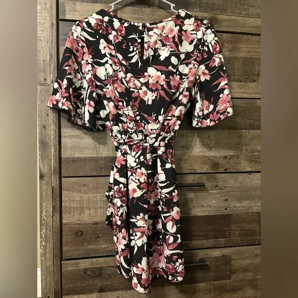 Black Floral Wrap Romper with Pink and Cream Blooms - Picture 4 of 5